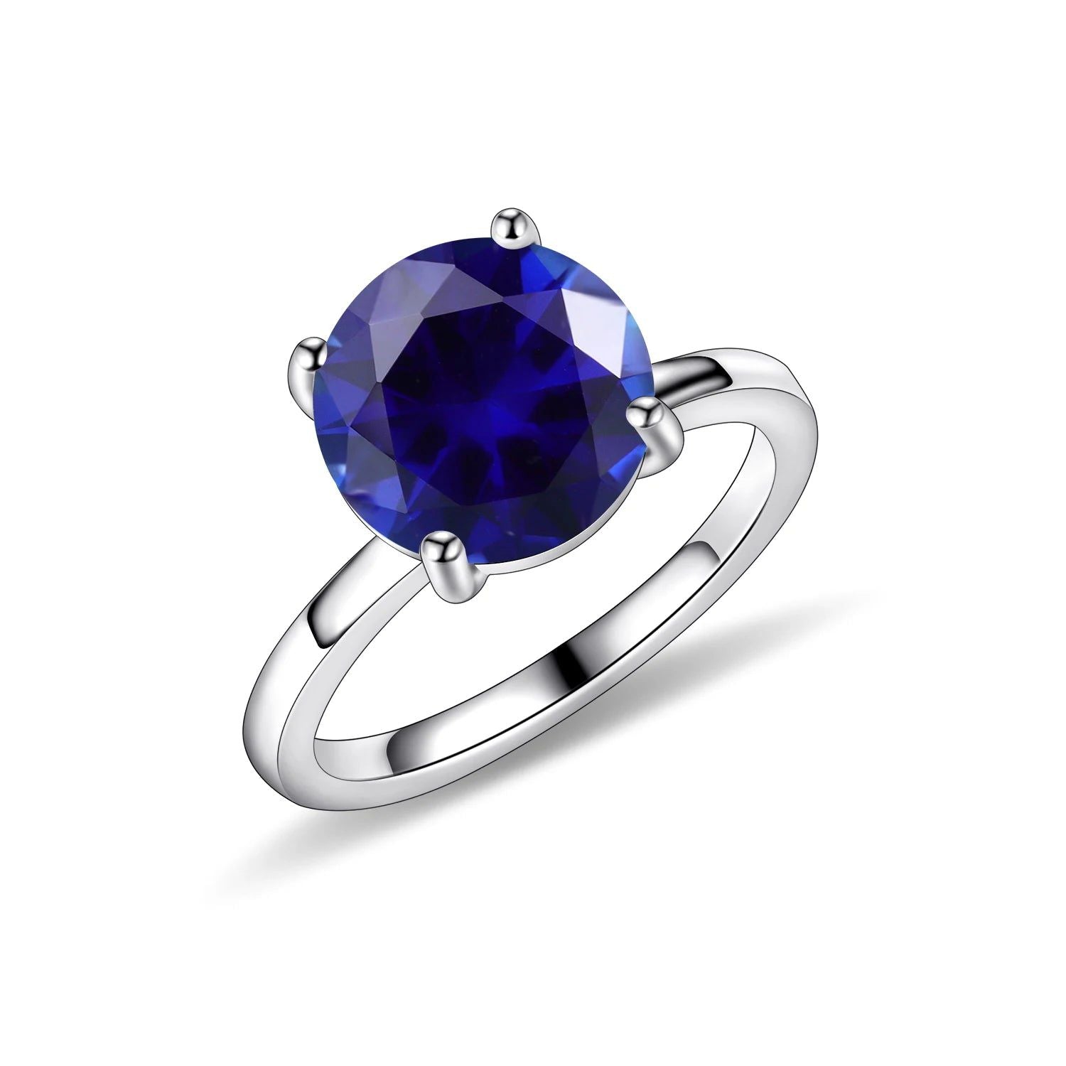 Round Lab Blue Sapphire Four Prong Solitaire Rings 925 Sterling Silver Gemstone Ring For Her