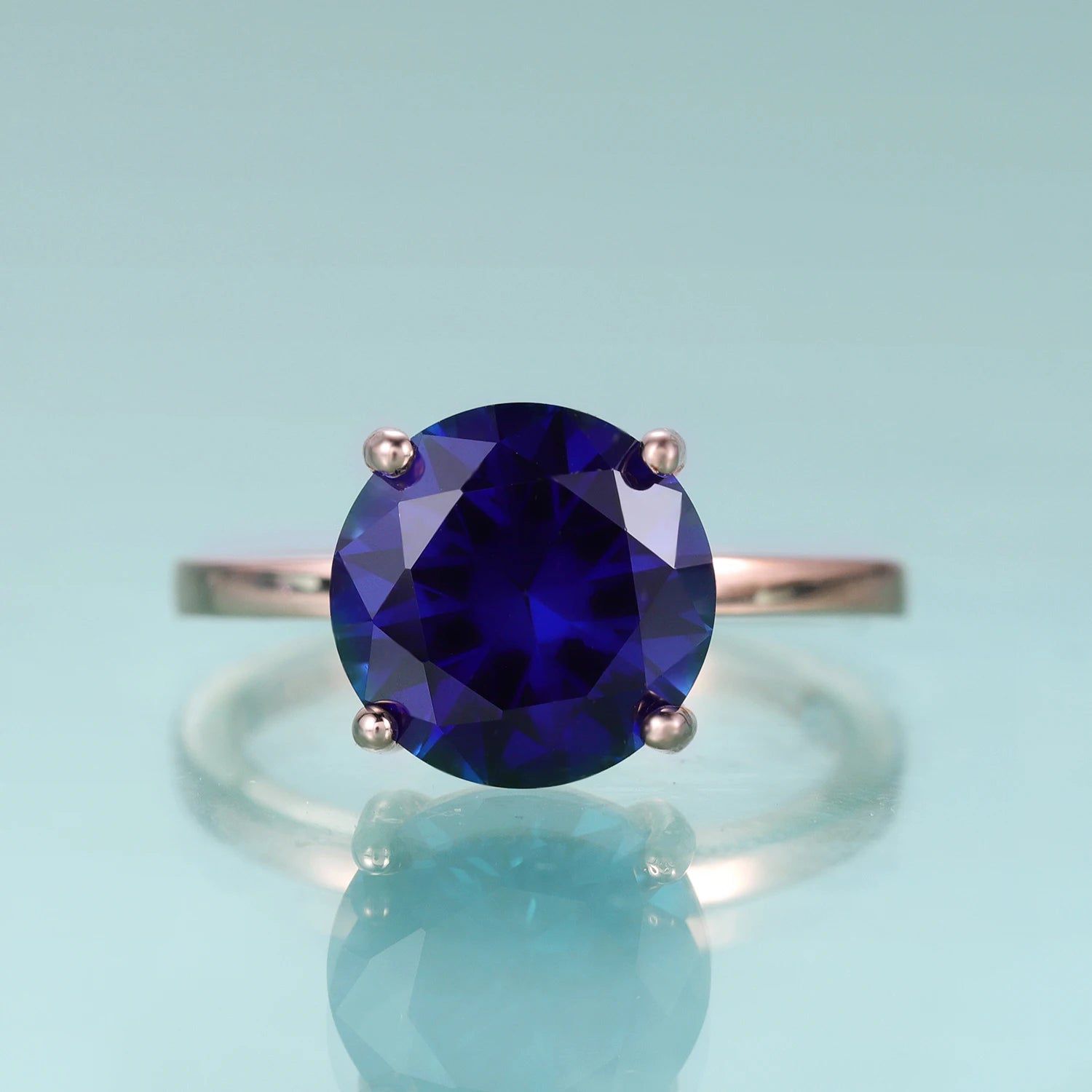 Round Lab Blue Sapphire Four Prong Solitaire Rings 925 Sterling Silver Gemstone Ring For Her