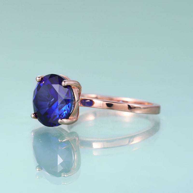 Round Lab Blue Sapphire Four Prong Solitaire Rings 925 Sterling Silver Gemstone Ring For Her