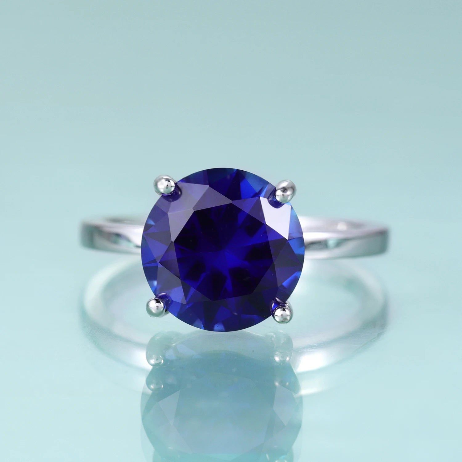 Round Lab Blue Sapphire Four Prong Solitaire Rings 925 Sterling Silver Gemstone Ring For Her