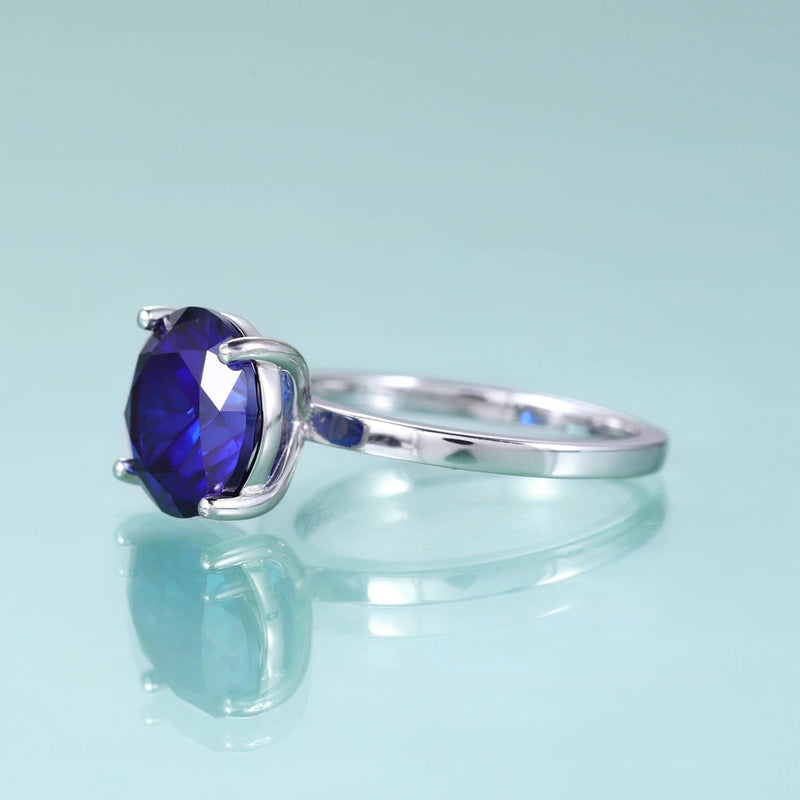 Round Lab Blue Sapphire Four Prong Solitaire Rings 925 Sterling Silver Gemstone Ring For Her