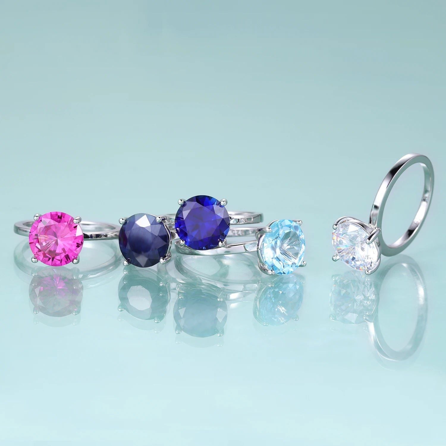 Round Lab Blue Sapphire Four Prong Solitaire Rings 925 Sterling Silver Gemstone Ring For Her