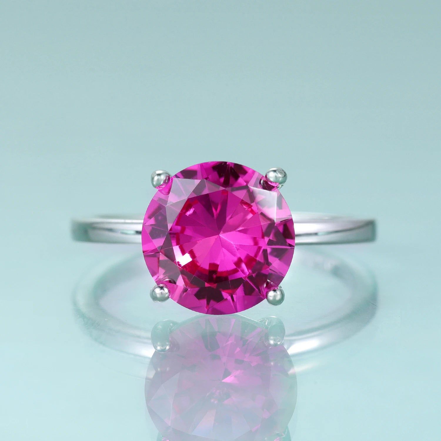 Round Lab Pink Sapphire Four Prong Solitaire Rings 925 Sterling Silver Ring