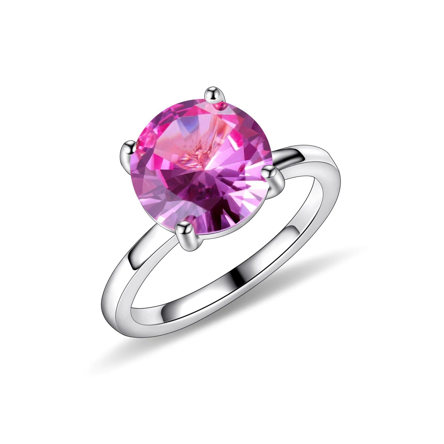 Round Lab Pink Sapphire Four Prong Solitaire Rings 925 Sterling Silver Ring