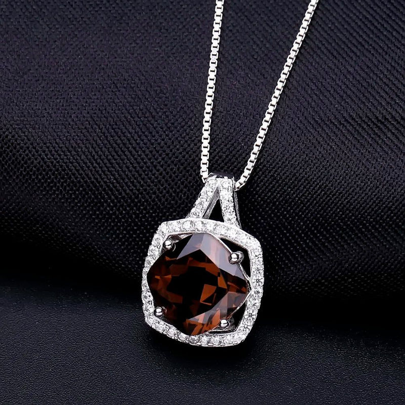 Round Natural Smoky Quartz Pendant Necklace 925 Silver