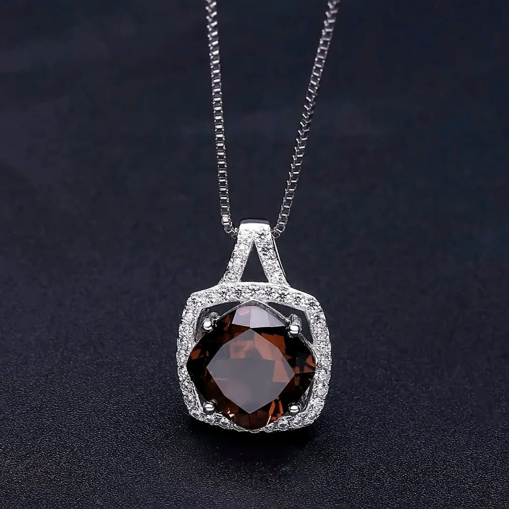 Round Natural Smoky Quartz Pendant Necklace 925 Silver