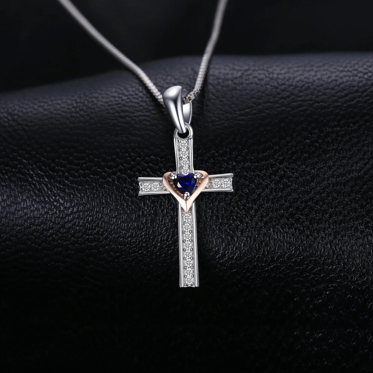 Rose Gold Heart Cross Pendant with Created Blue Sapphire in 925 Sterling Silver - Pendant Only