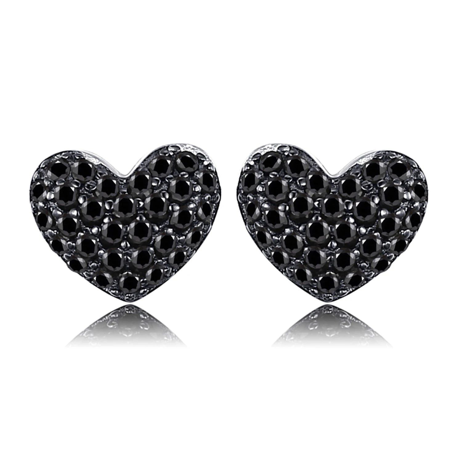 Heart-Shaped Black Spinel Stud Earrings in 925 Sterling Silver - Elegant Gemstone Statement Jewelry