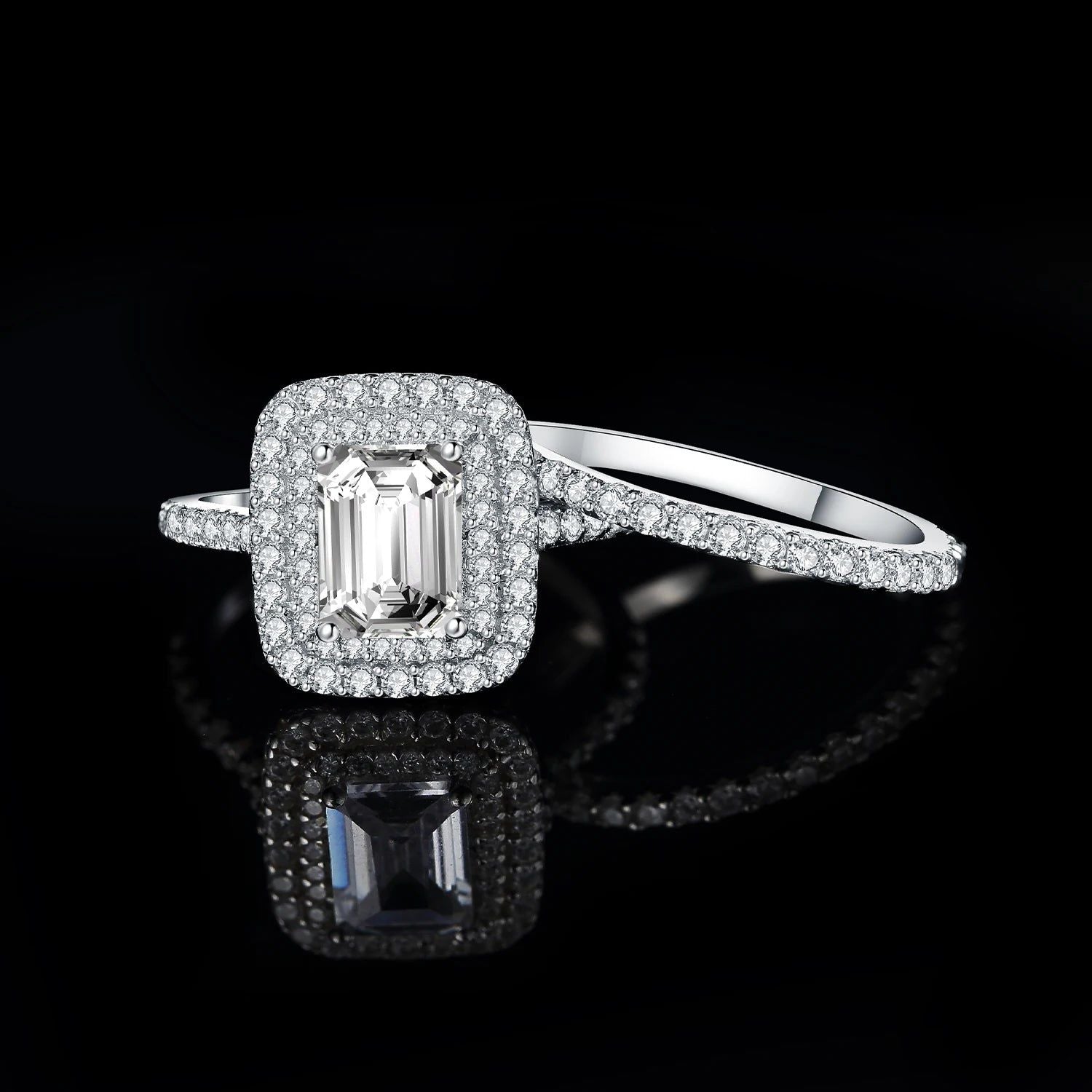 Emerald Cut AAAAA CZ Halo Band Ring Set in 925 Sterling Silver - 2.9ct Jewelry