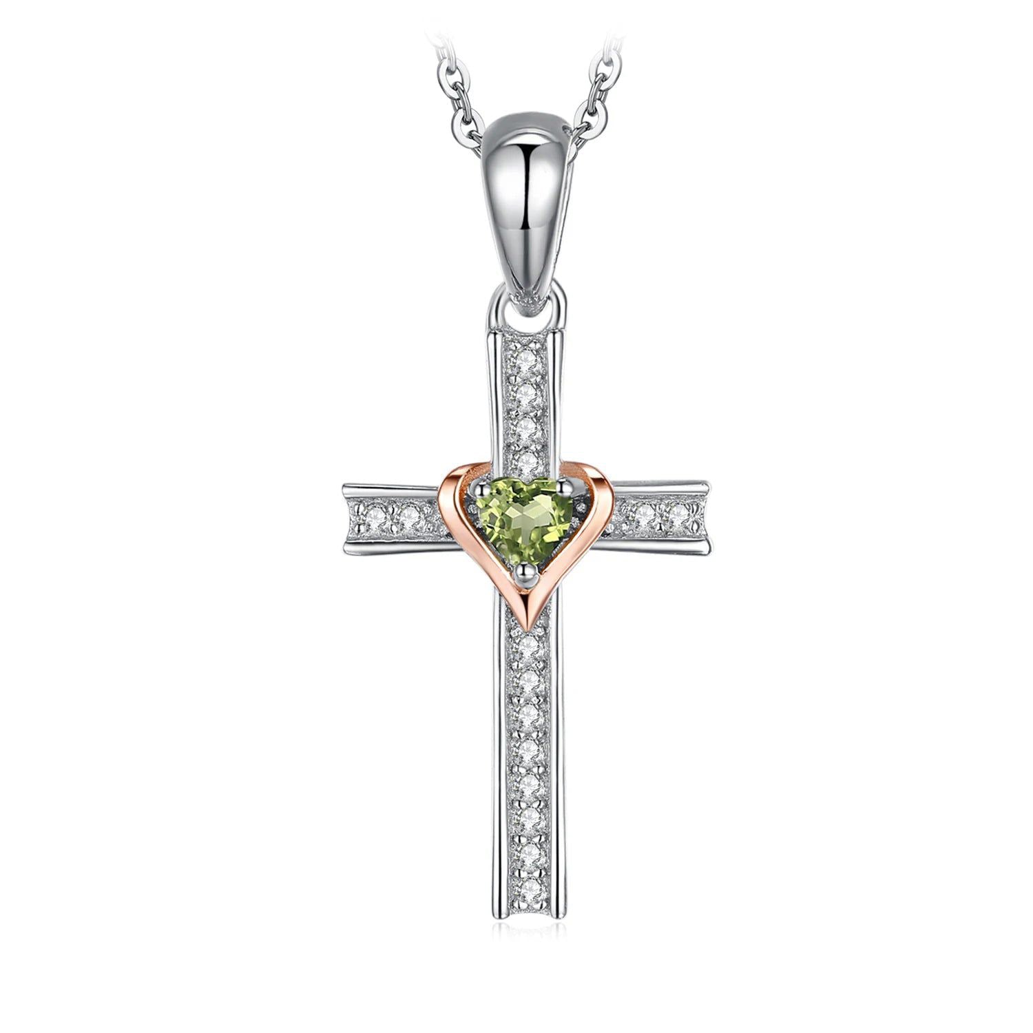 Elegant Heart Cross Pendant with Green Peridot in Rose Gold 925 Sterling Silver