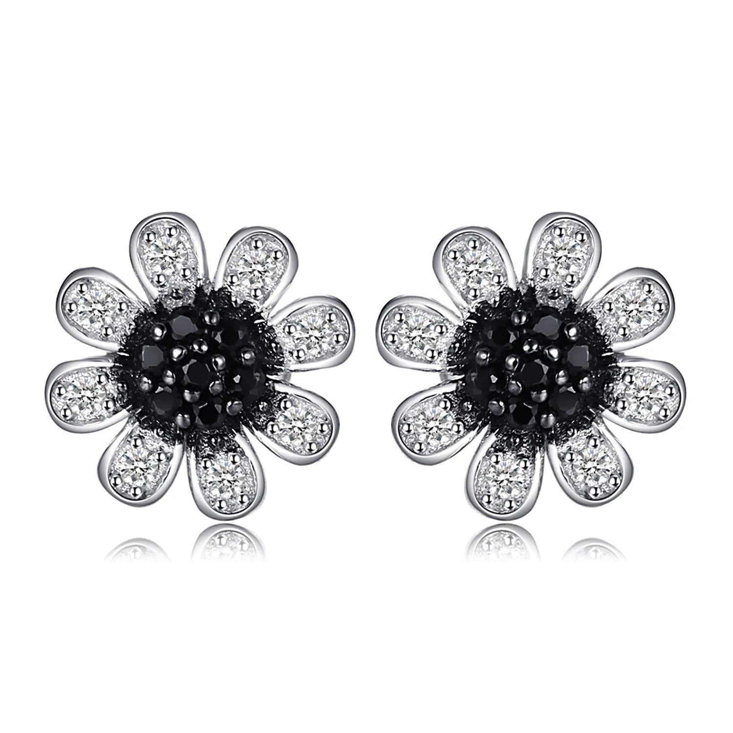 Elegant Black Spinel Flower Design 925 Sterling Silver Stud Earrings