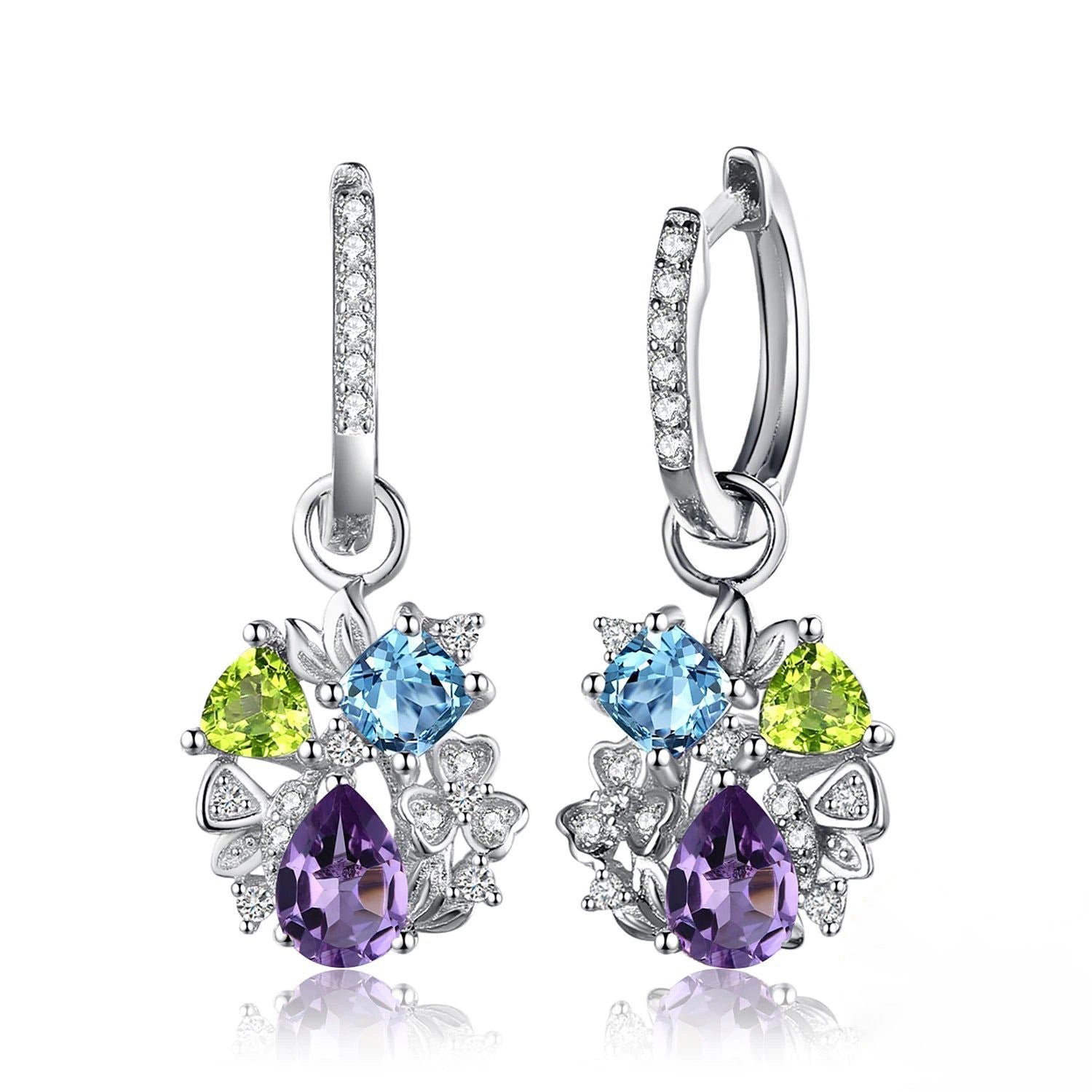 Exquisite Floral Dangle Drop Earrings with Natural Amethyst, Blue Topaz, Peridot, and Chrome Diopside in 925 Sterling Silver