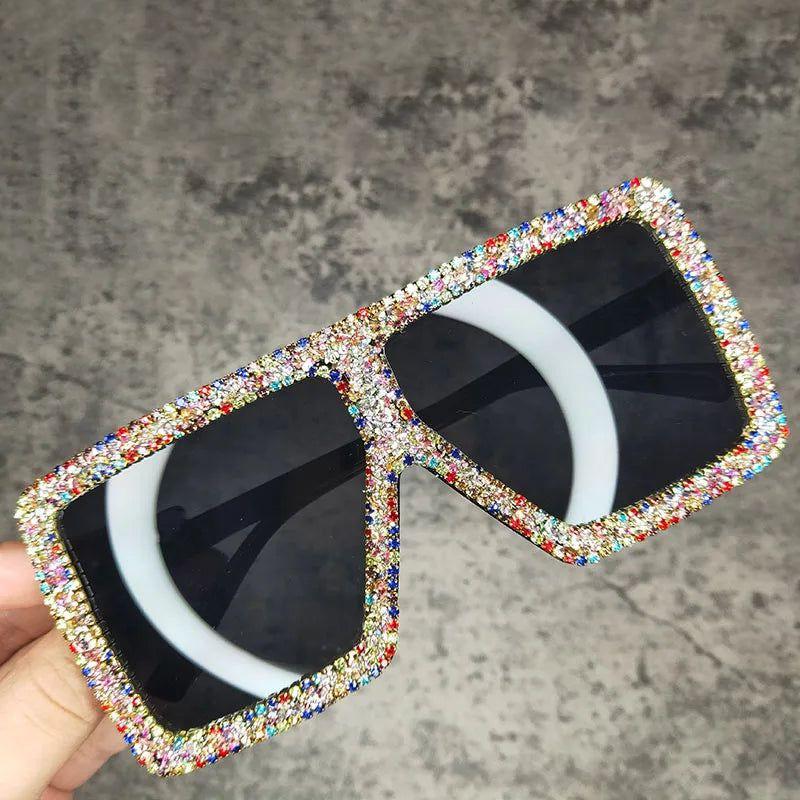 Rhinestone-Embellished Oversized Rectangle Sunglasses with UV400 Protection