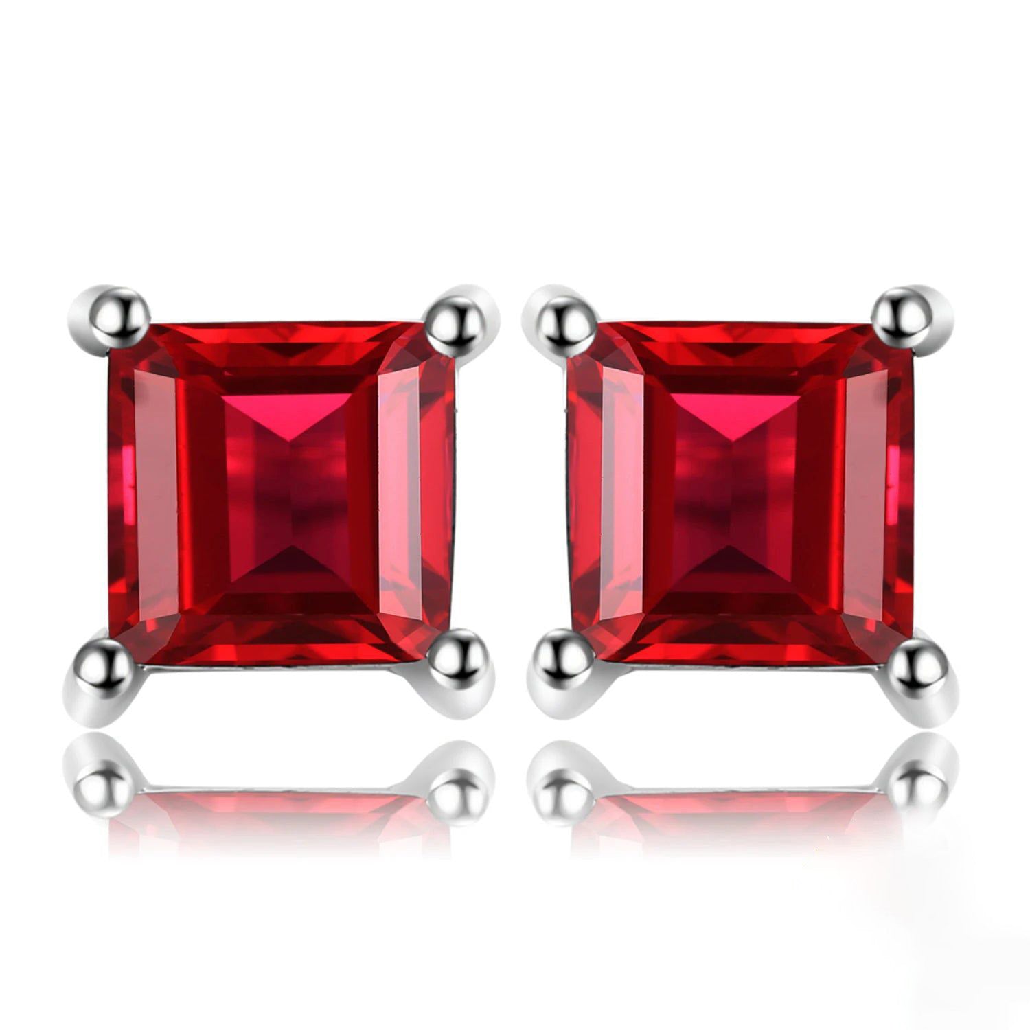 Fashionable Princess Cut Red Garnet Stud Earrings in 925 Sterling Silver