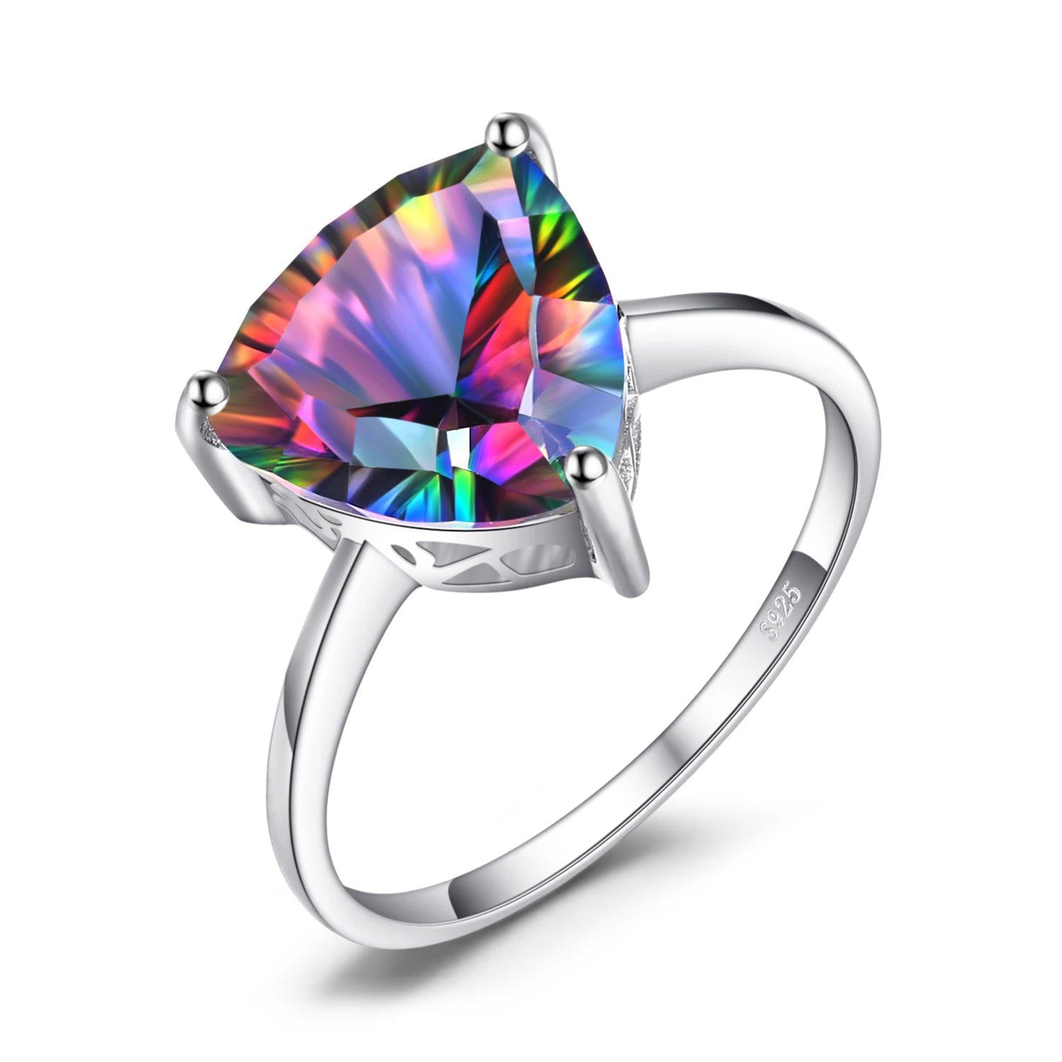 Elegant 4.3ct Rainbow Mystic Quartz Triangle Cut Solitaire Ring in 925 Sterling Silver