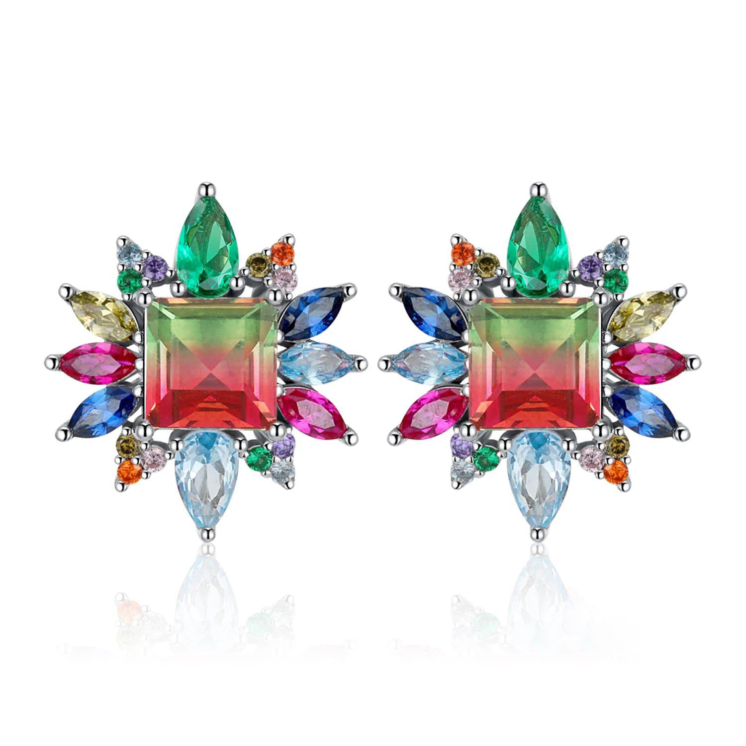 Exquisite 7.4ct Nano Simulated Watermelon Tourmaline & Created Ruby 925 Sterling Silver Stud Earrings