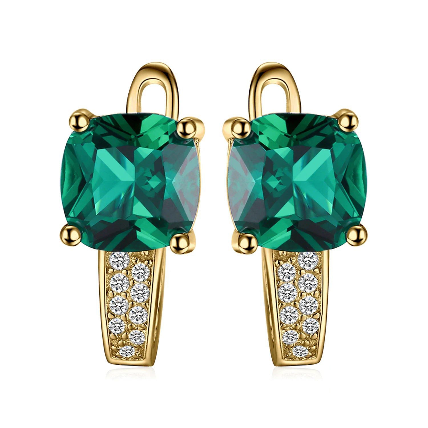 Cushion Cut Simulated Emerald Clip-On Earrings in 925 Sterling Silver with Yellow and Rose Gold Plating