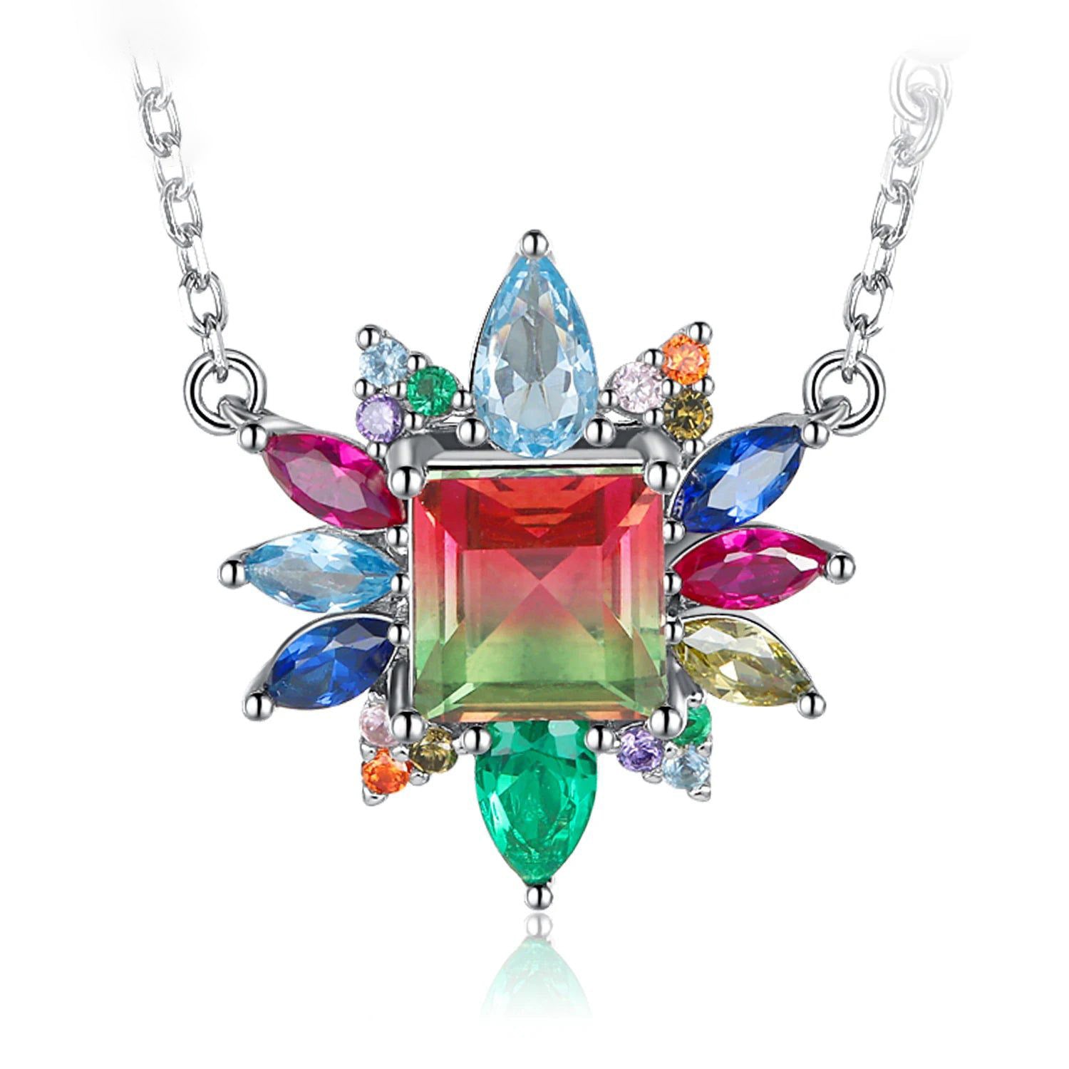 Sophisticated 925 Sterling Silver Pendant Necklace with Nano Simulated Watermelon Tourmaline and Created Ruby - 45cm