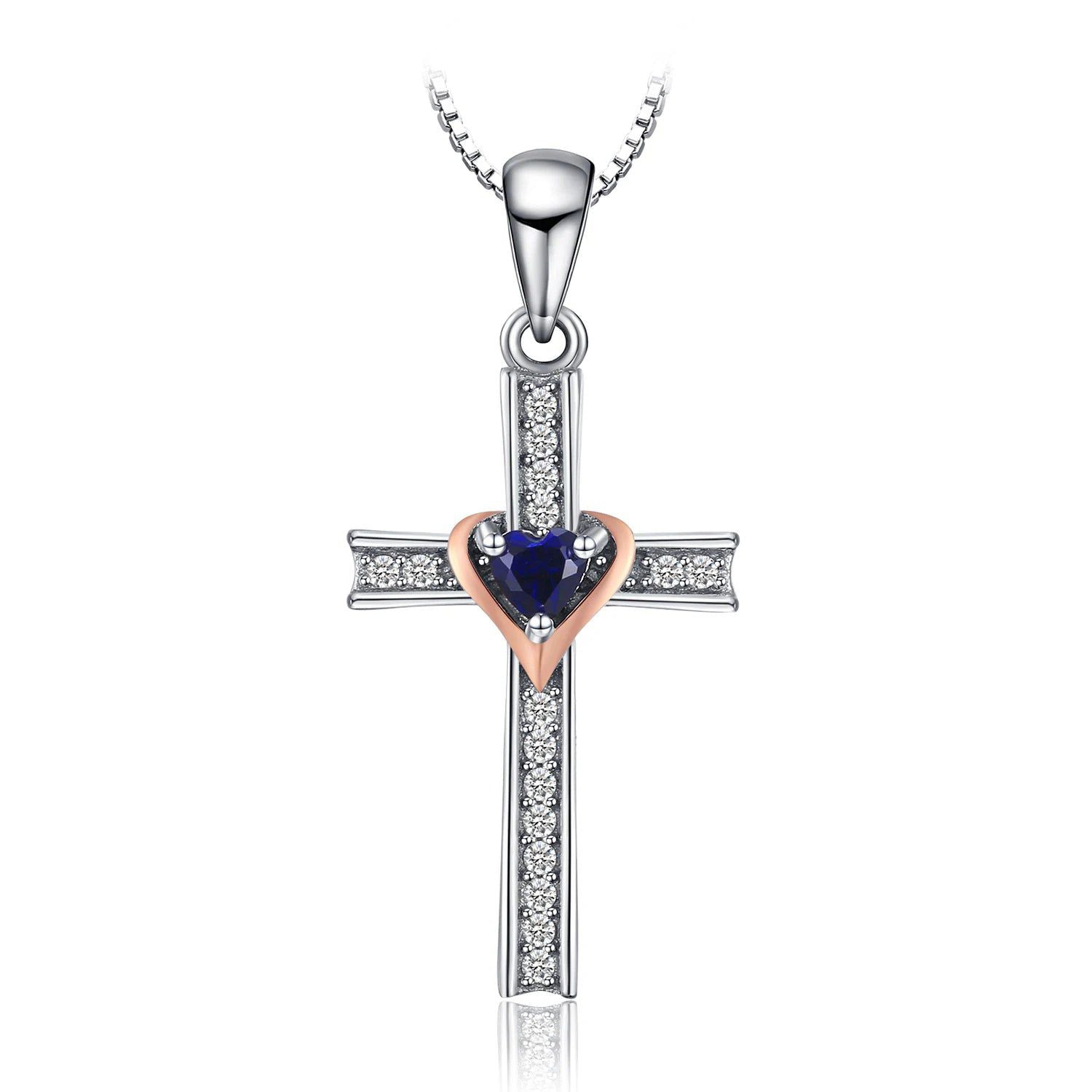 Rose Gold Heart Cross Pendant with Created Blue Sapphire in 925 Sterling Silver - Pendant Only