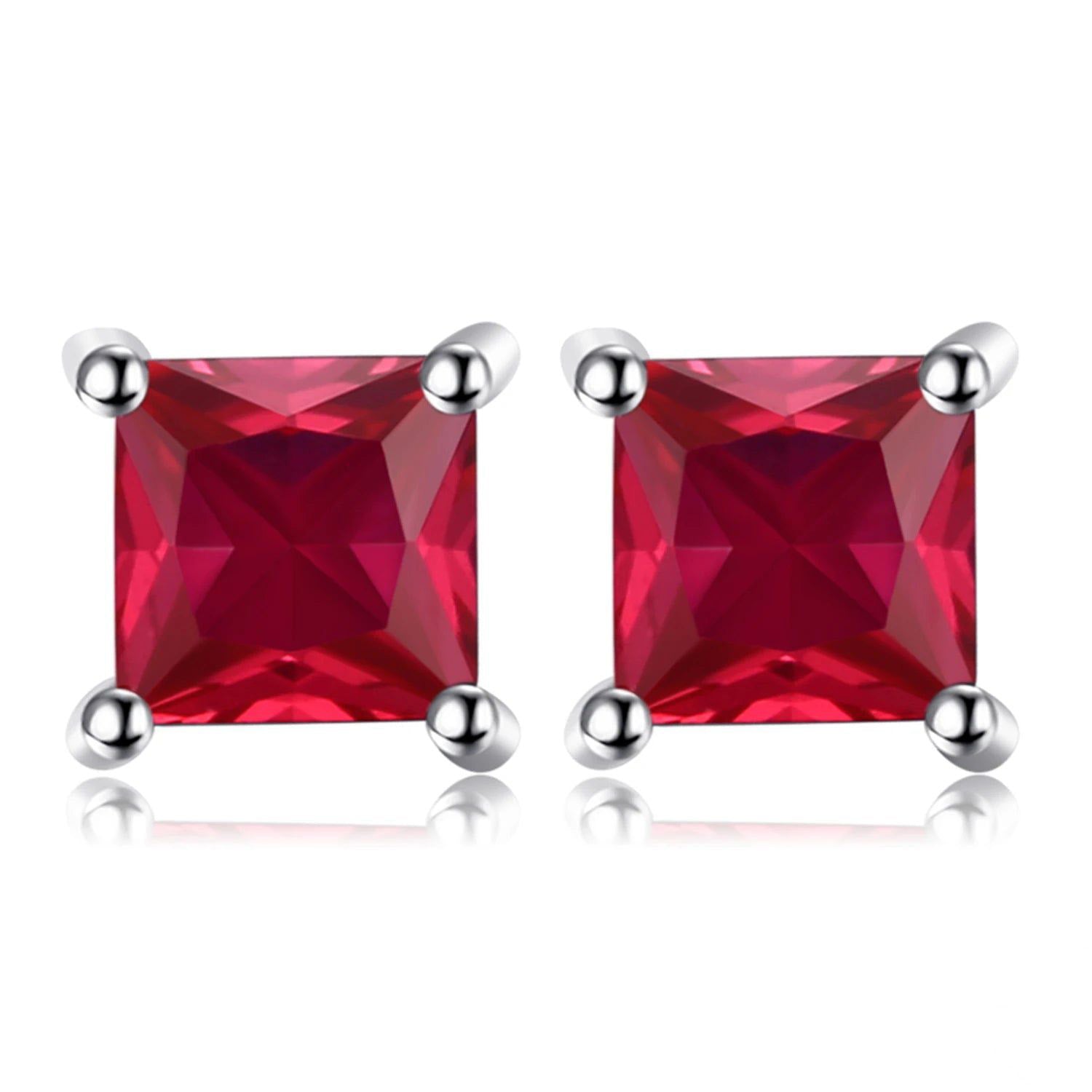 Square Princess Cut Red Created Ruby 925 Sterling Silver Stud Earrings for Elegant Style