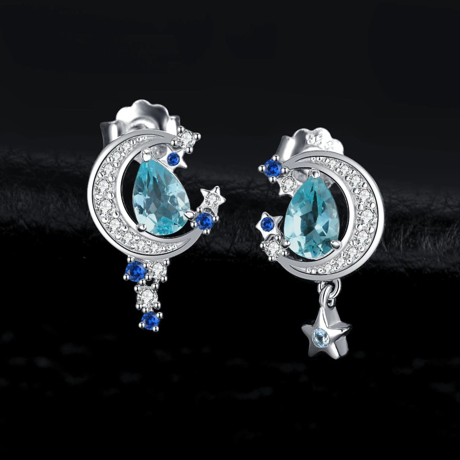 Fashionable Moon Star 2.7ct Genuine Sky Blue Topaz and Created Sapphire 925 Sterling Silver Stud Earrings