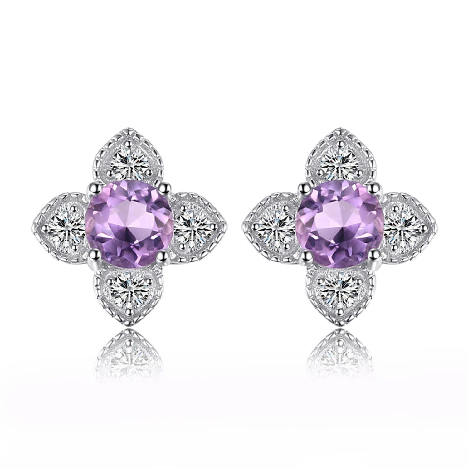 Elegant Amethyst Flower Stud Earrings in 925 Sterling Silver