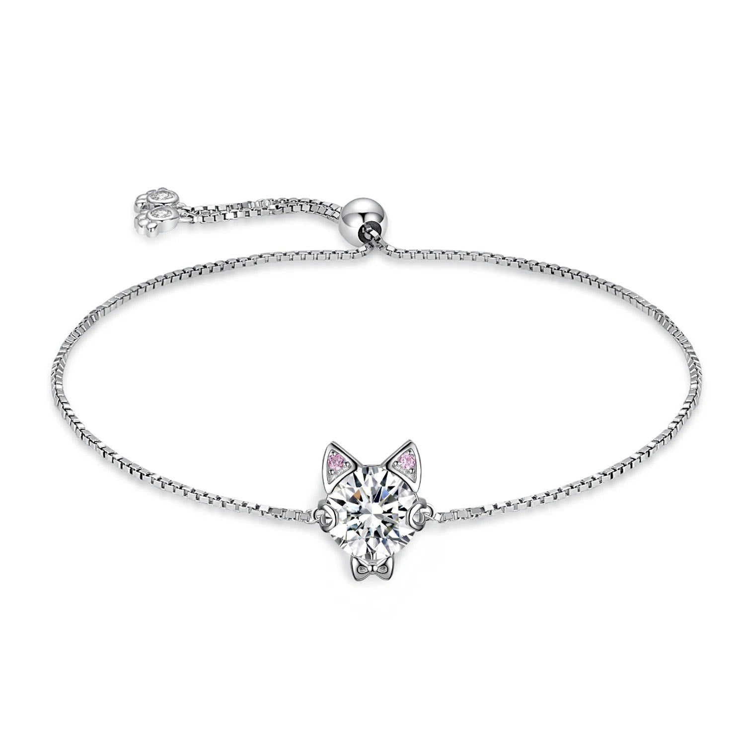 Charming Love Cat 1.7ct Round Gemstone Adjustable 925 Sterling Silver Bracelet