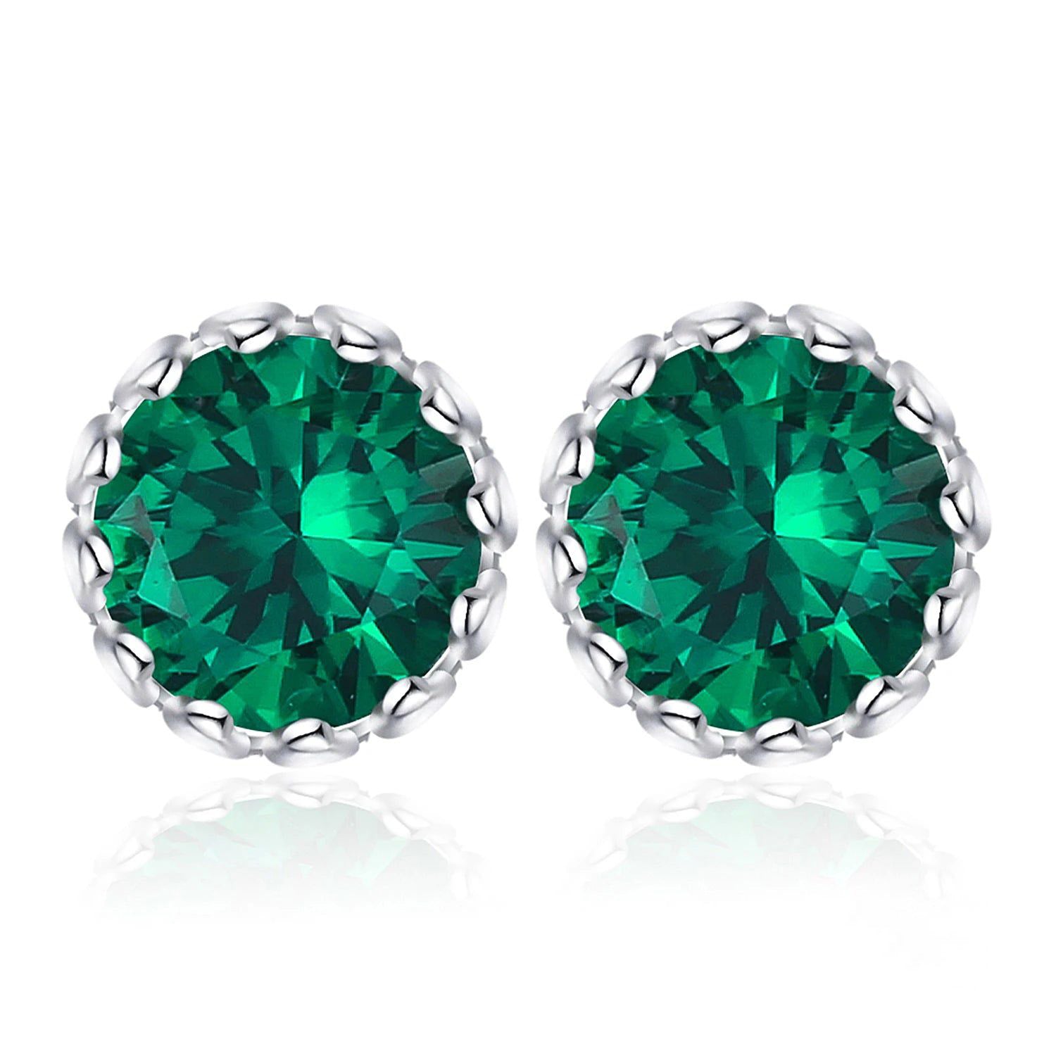 Sophisticated Round Green Simulated Nano Emerald 925 Sterling Silver Stud Earrings