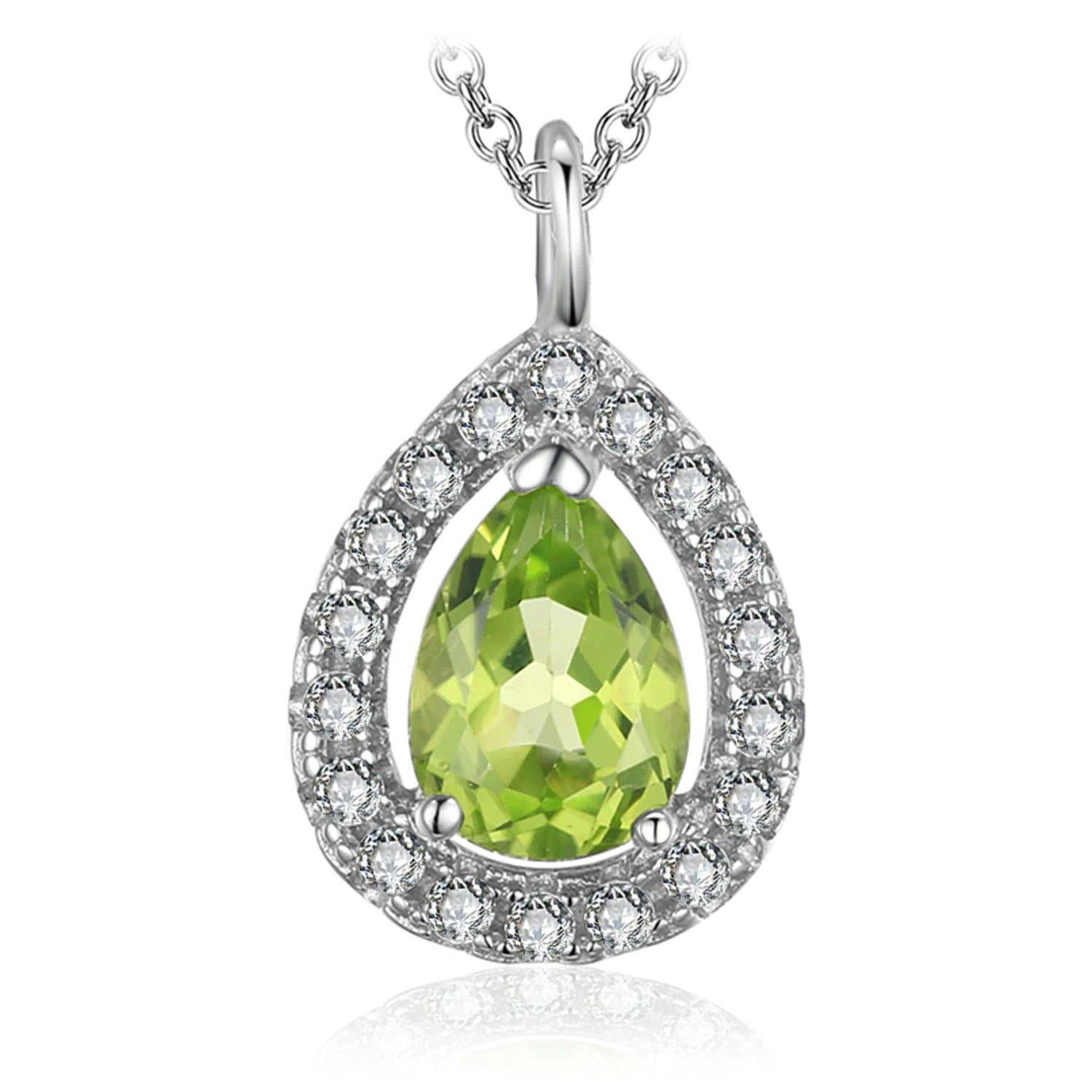 Elegant Pear-Shaped Natural Peridot Halo Pendant Necklace in 925 Sterling Silver - 45cm Fine Jewelry