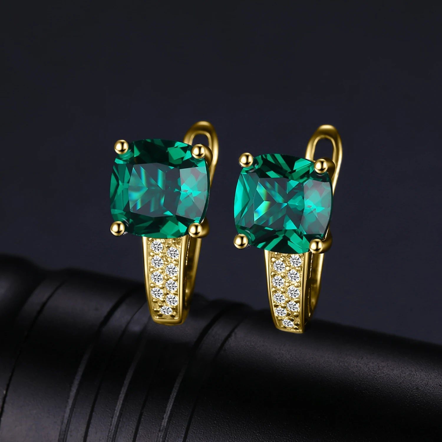 Cushion Cut Simulated Emerald Clip-On Earrings in 925 Sterling Silver with Yellow and Rose Gold Plating