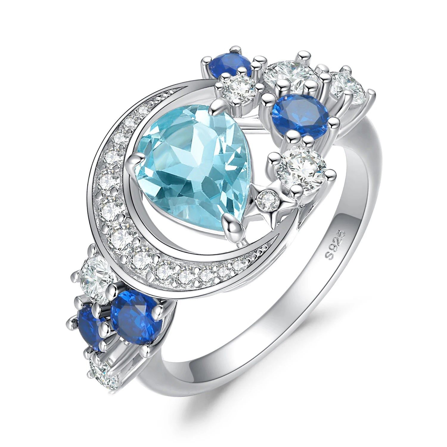 Celestial Elegance: 6.8ct Sky Blue Topaz & Created Sapphire Sterling Silver Statement Ring