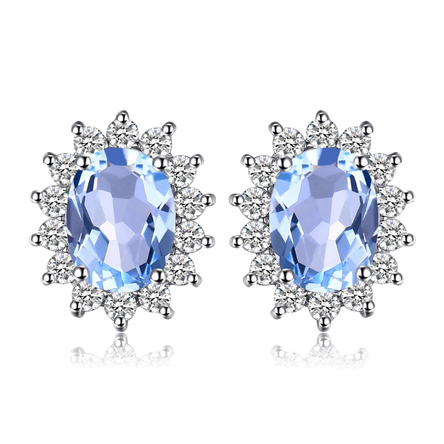 Princess Diana Inspired Blue Topaz Halo Stud Earrings in 925 Sterling Silver