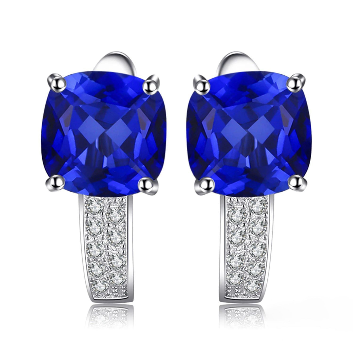 Cushion-Shaped 4.4ct Created Blue Sapphire Clip Hoop Earrings in 925 Sterling Silver – Fashionable Gemstone Jewelry