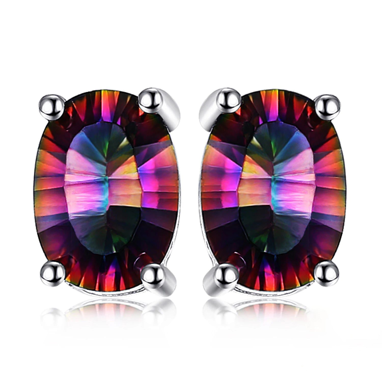 Mystical Oval Rainbow Fire Quartz Stud Earrings in Solid 925 Sterling Silver - Statement Gemstone Jewelry