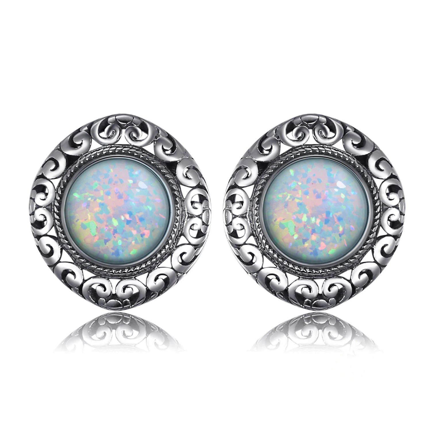 Fashionable Vintage 2.5ct Cabochon Created Opal Sterling Silver Heart Stud Earrings