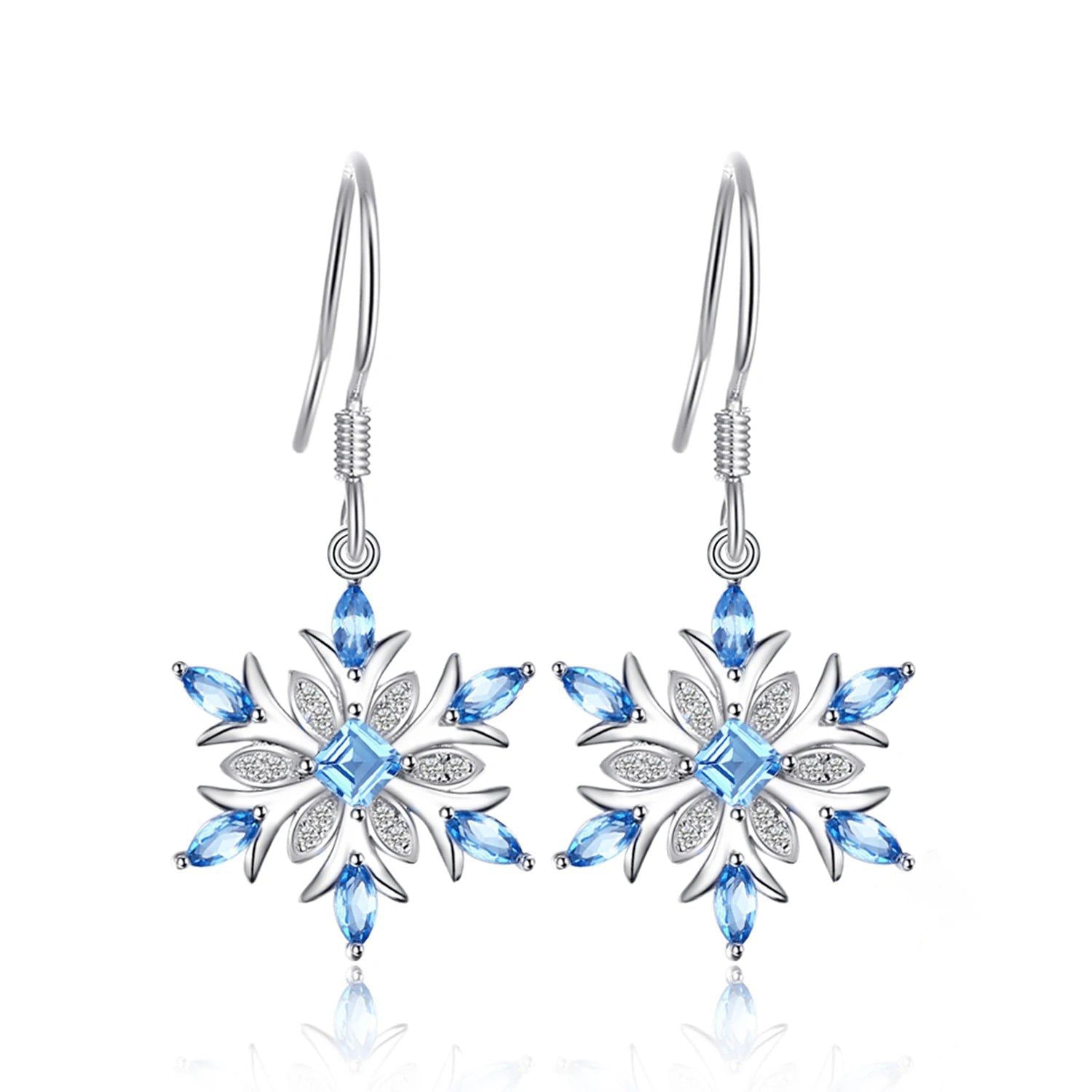 Elegant Blue Topaz Snowflake Design Sterling Silver Drop Earrings