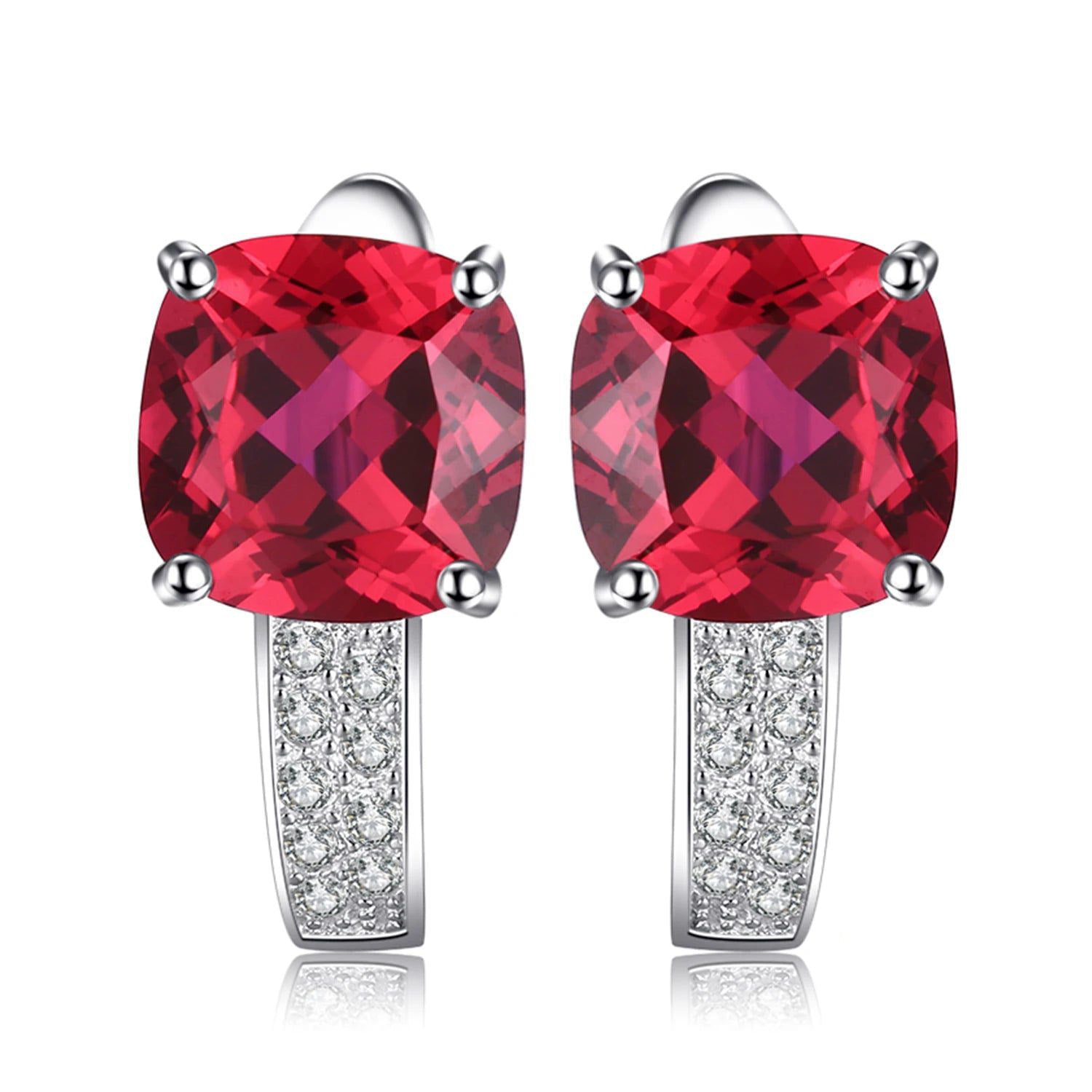 Elegant 4.4ct Created Red Ruby Sterling Silver Hoop Earrings with Cushion Cut Gemstone