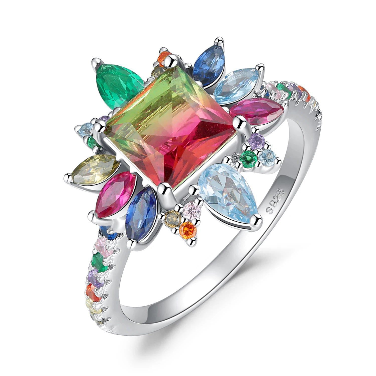 Stunning 4.6ct Nano Simulated Watermelon Tourmaline and Created Ruby Halo Ring in 925 Sterling Silver