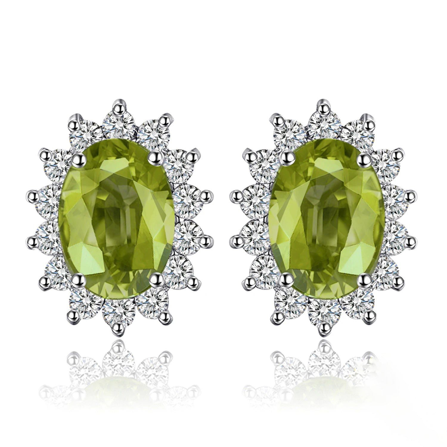 Diana Sophisticated Halo Stud Earrings with Natural Green Peridot in 925 Sterling Silver