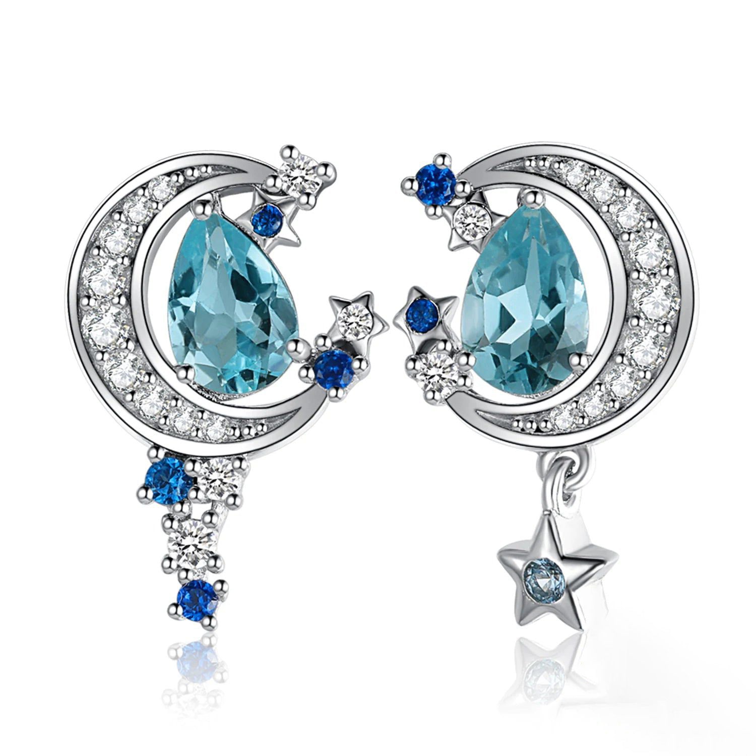 Fashionable Moon Star 2.7ct Genuine Sky Blue Topaz and Created Sapphire 925 Sterling Silver Stud Earrings