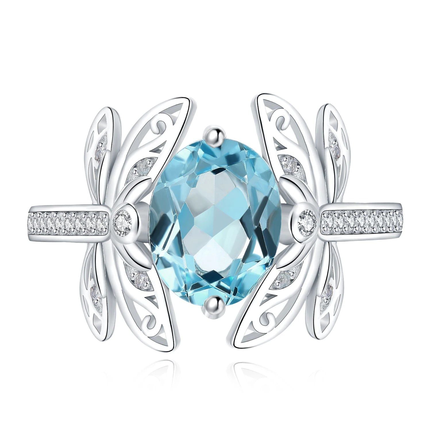 Exquisite 3.6ct Natural Sky Blue Topaz Dragonfly Cocktail Ring in 925 Sterling Silver