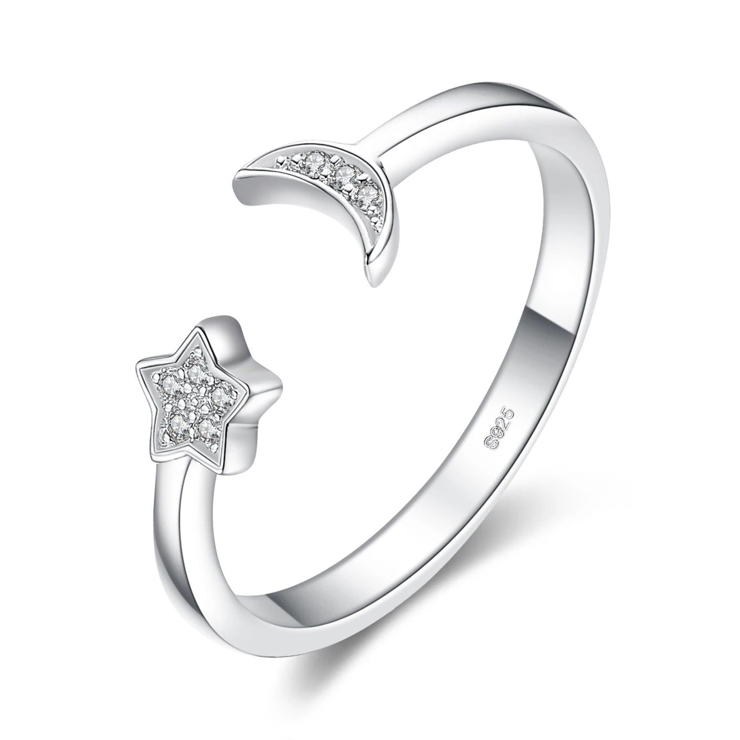 Celestial Elegance Adjustable 925 Sterling Silver Moon Star Ring with 5A CZ