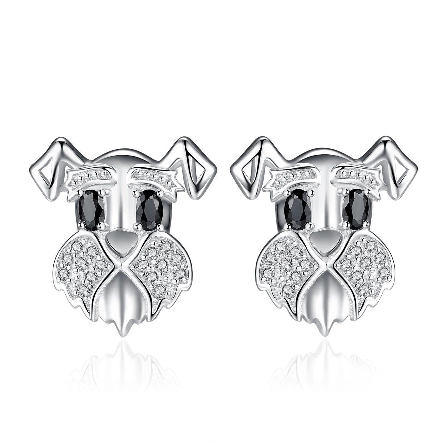 Adorable Schnauzer Design 925 Sterling Silver Black Spinel Stud Earrings