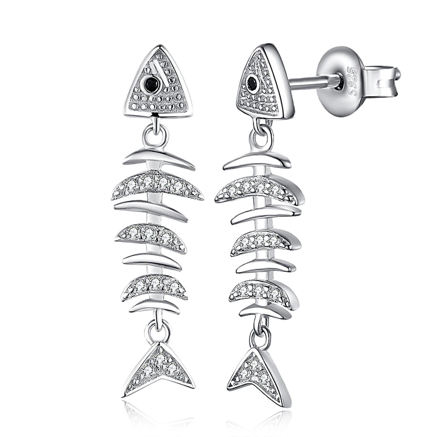 Charming Sterling Silver Fish Bone Dangle Earrings with Cubic Zirconia