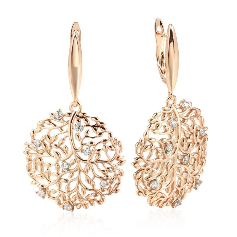 Rose Gold Vintage Zircon Flower Drop Earrings with Glossy Crystal Accents