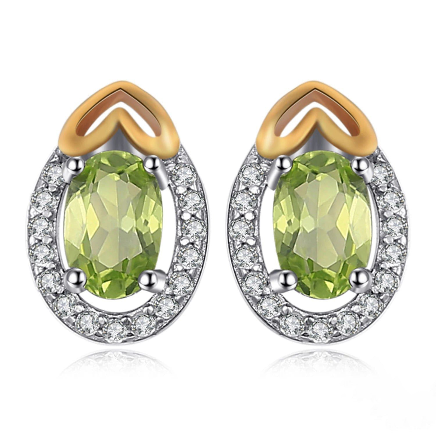 Natural Green Peridot Oval Stud Earrings in 925 Sterling Silver with Gold Accents