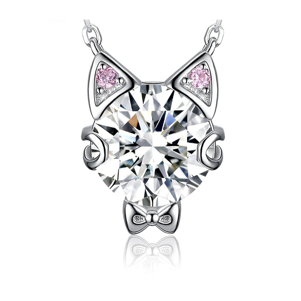 Charming Love Cat 3ct Round Gemstone 925 Silver Pendant Necklace - Cute Fine Jewelry 45cm