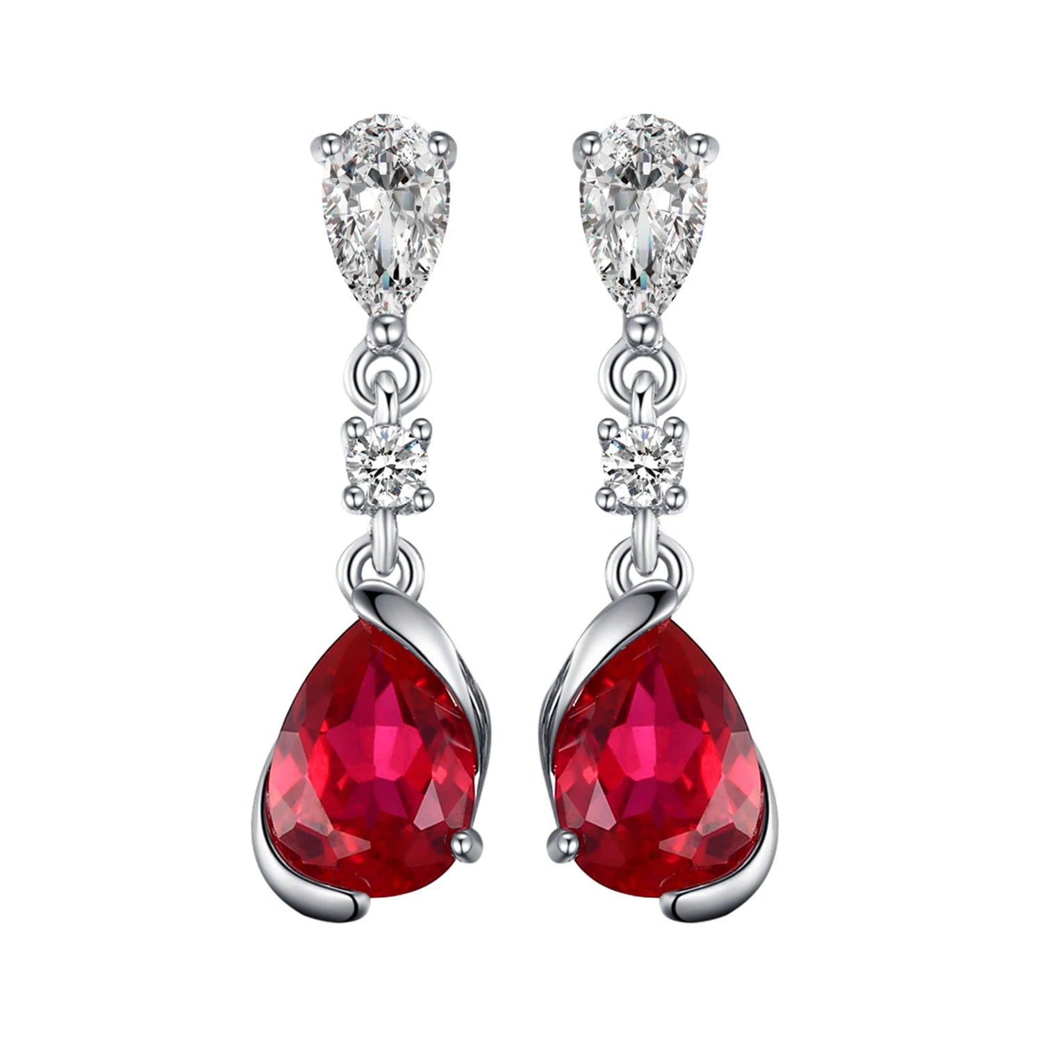 Elegant 1.9ct Pear Shaped Created Ruby Sterling Silver Dangle Earrings