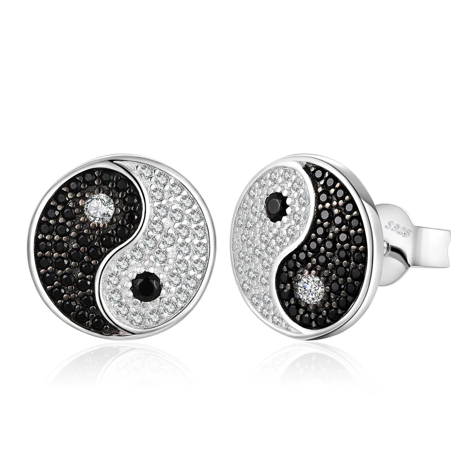 Yin Yang Black Spinel 925 Sterling Silver Round Coin Stud Earrings