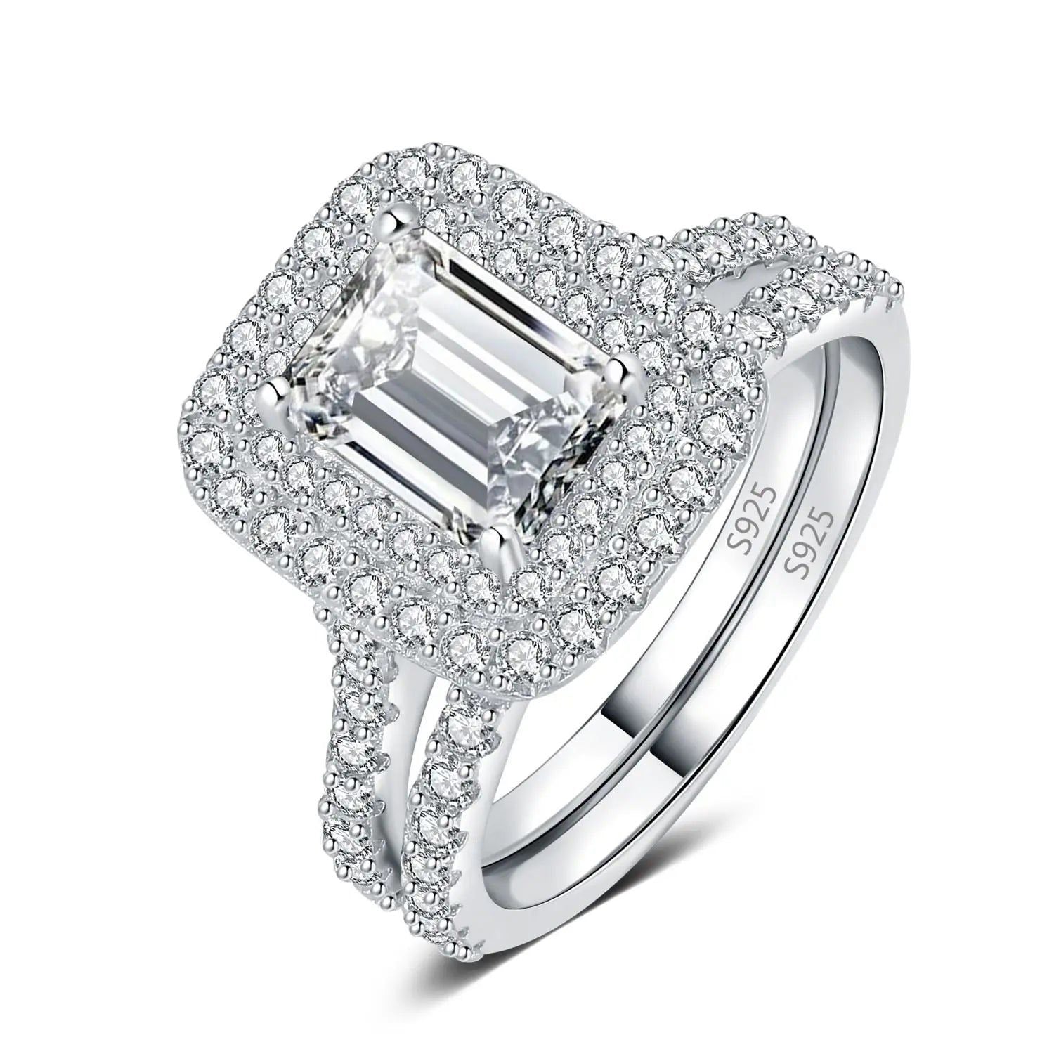 Emerald Cut AAAAA CZ Halo Band Ring Set in 925 Sterling Silver - 2.9ct Jewelry